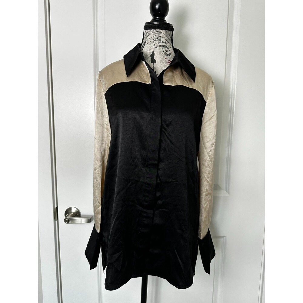 REISS Lorey 100% Silk Colorblock Blouse Black Champagne US 8 UK 12 - Picture 3 of 9